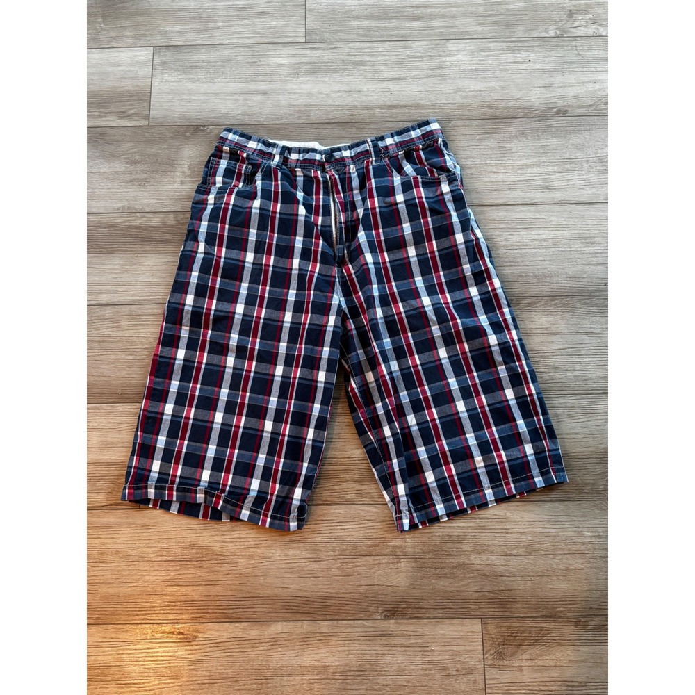 Foot Locker Mens Plaid Cargo Shorts‎ Navy Red White Size 36 Cotton Casual Summer